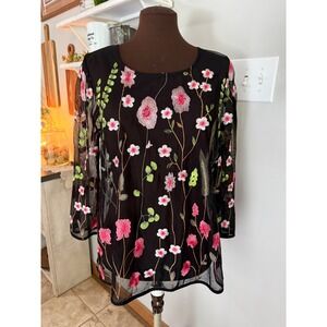 Floral Embroidered Mesh Size M Black Pink Sheer Blouse whimsigoth fairy